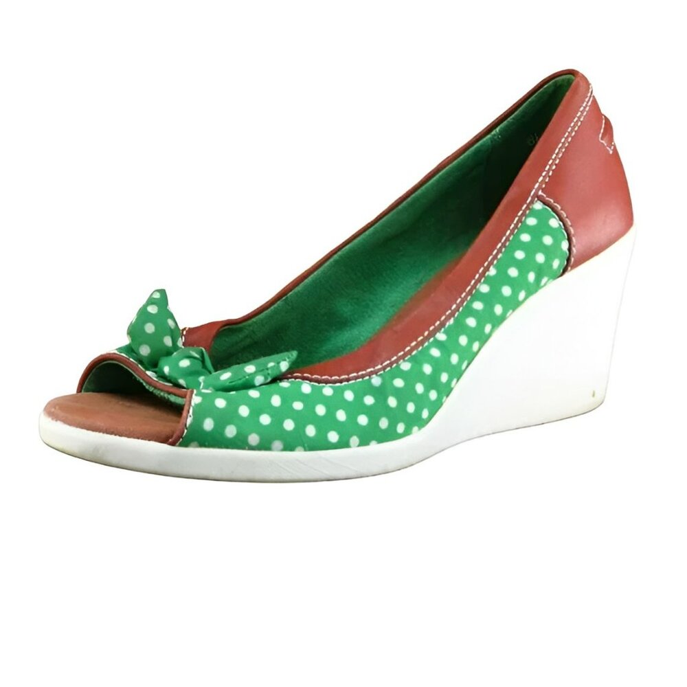 BC Green White Polka Dot Canvas & Leather Pin-Up Open Peep Toe Wedges Heels 7.5